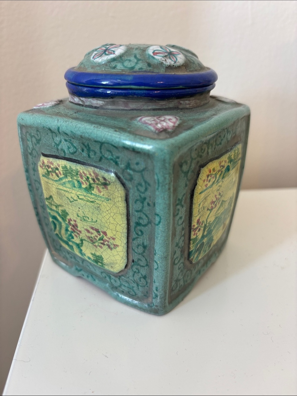 Glazed Clay Canister in Teal, Blue, Yellow and Green